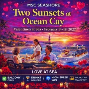 💕 Two Sunsets at Ocean Cay — Valentine’s at Sea • February 14–18, 2027 • MSC Seashore