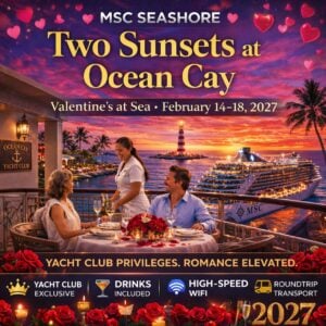 💕 Two Sunsets at Ocean Cay — Valentine’s at Sea • February 14–18, 2027 • MSC Seashore