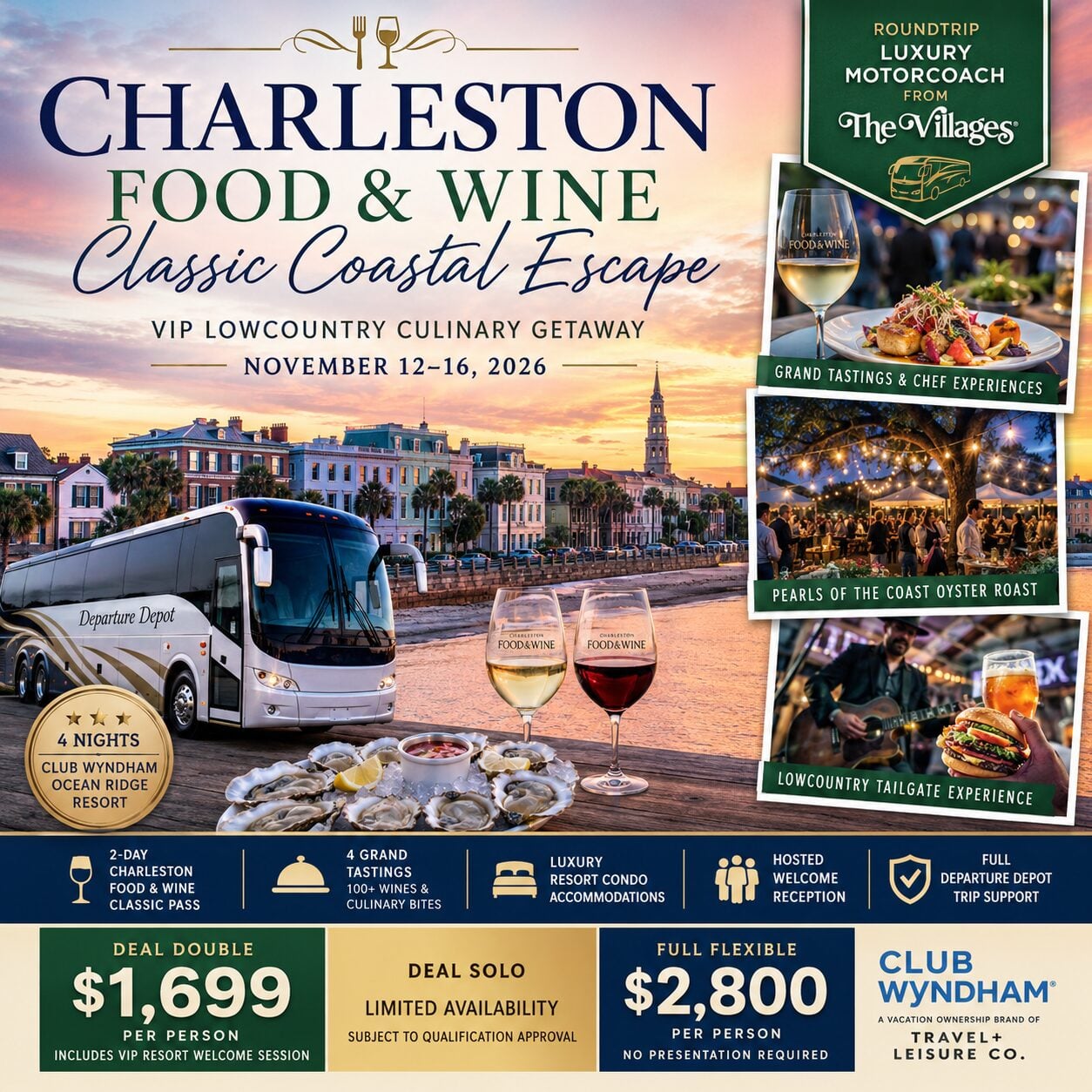 🍷🌊 Charleston Food & Wine Classic Coastal Escape VIP Lowcountry Culinary Getaway | Roundtrip Luxury Motorcoach from The Villages® | November 12–16, 2026