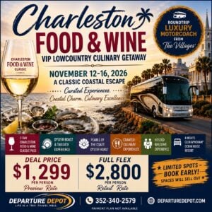 🍷🌊 Charleston Food & Wine Classic Coastal Escape VIP Lowcountry Culinary Getaway | Roundtrip Luxury Motorcoach from The Villages® | November 12–16, 2026