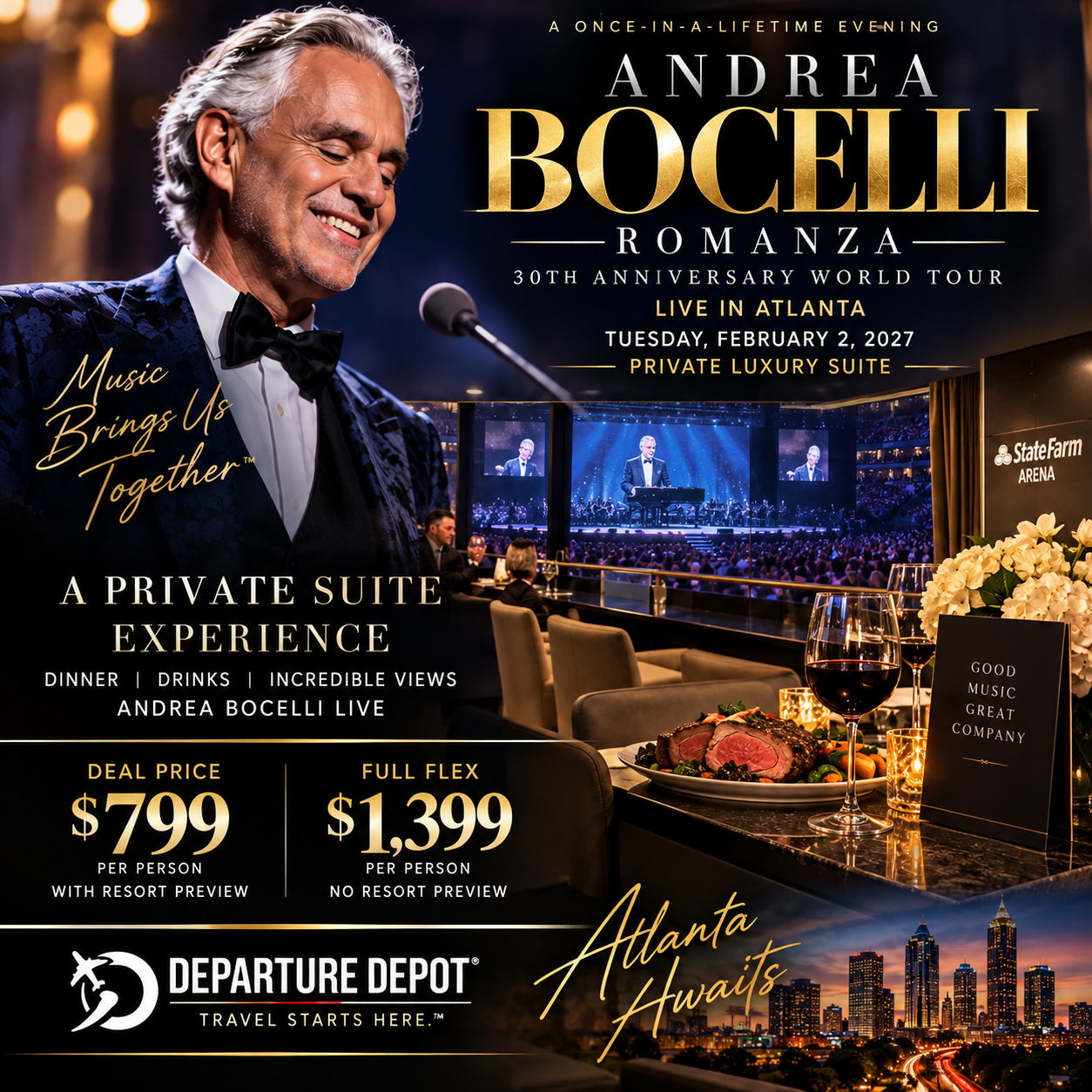 🎼 ANDREA BOCELLI — ROMANZA 30TH ANNIVERSARY VIP ATLANTA GETAWAY January 31 – February 4, 2027 | 5 Days / 4 Nights