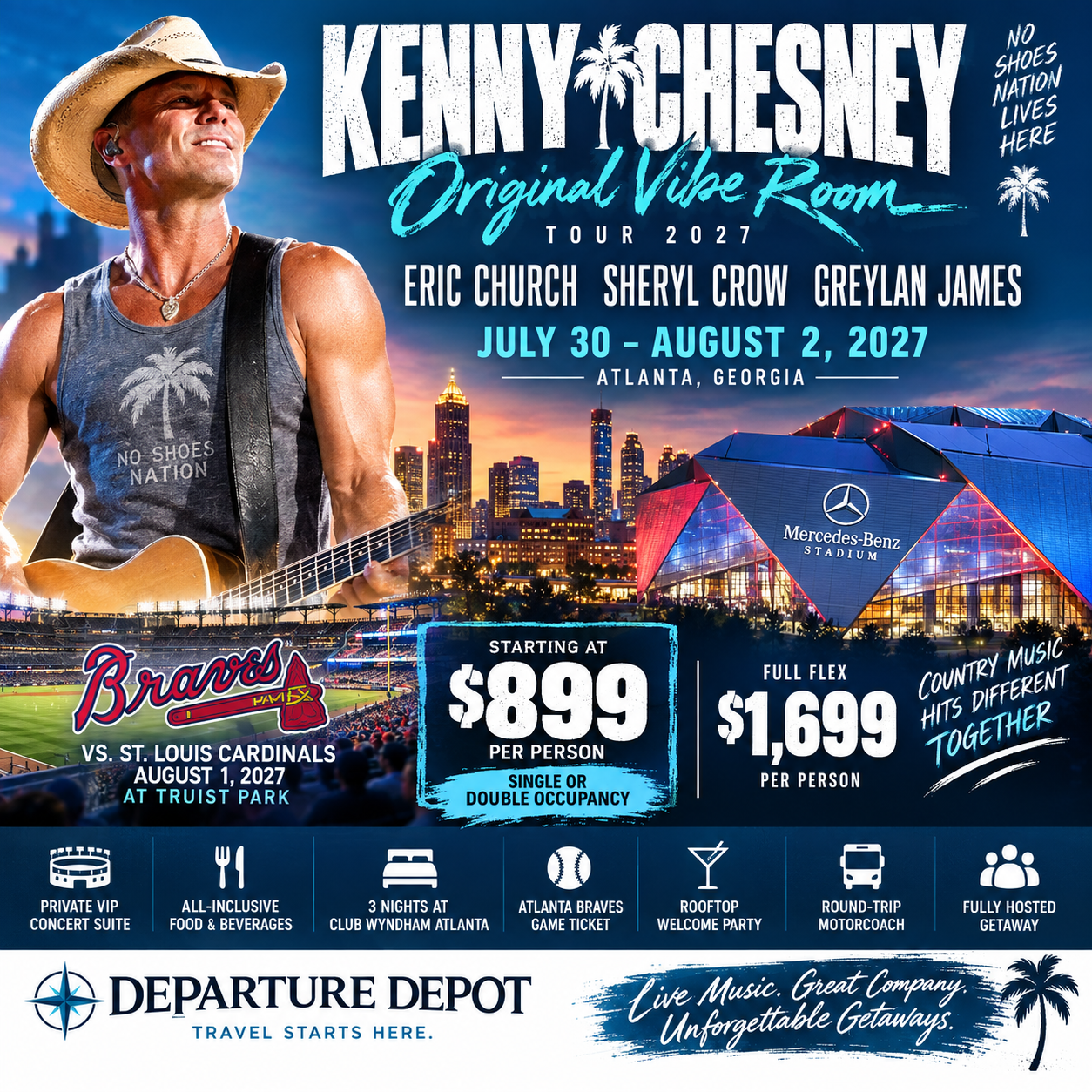 🌴 KENNY CHESNEY — ORIGINAL VIBE ROOM TOUR 2027 ATLANTA ALL-INCLUSIVE VIP CONCERT SUITE + BRAVES GETAWAY July 30 – August 2, 2027 | 4 Days / 3 Nights